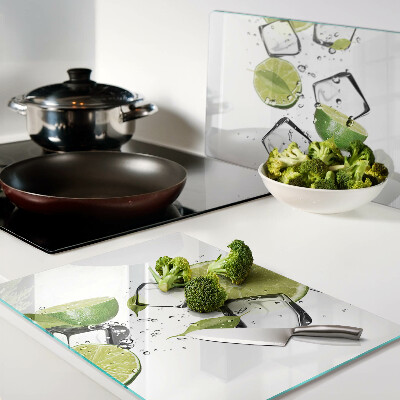 Schneidebrett Glas mit Motiv von Zitronen und Eiswürfeln in Wasser