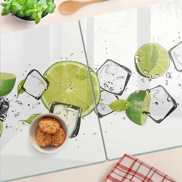 Schneidebrett Glas mit Motiv von Zitronen und Eiswürfeln in Wasser