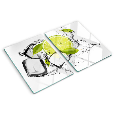 Glas-Schneidebrett mit Motiv einer Zitrone auf Eis und Blättern