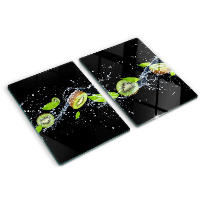 Schneidebrett mit Motiv einer Kiwi im Wasser und Blättern