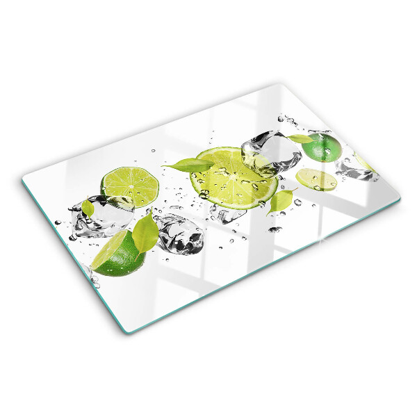 Schneidebrett Glas mit Motiv aus Zitronen und Eis im Wasser
