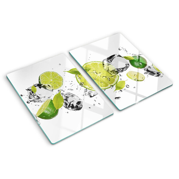 Schneidebrett Glas mit Motiv aus Zitronen und Eis im Wasser