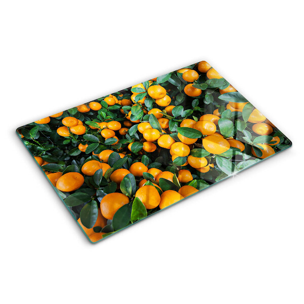 Glas Schneidebrett mit Motiv Mandarinen an den Zweigen