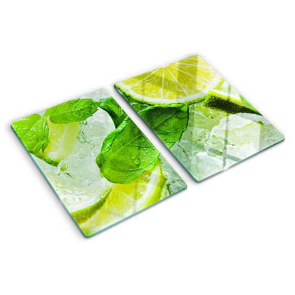 Schneidebrett glas Zitronen- und Minzblätter
