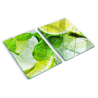 Schneidebrett glas Zitronen- und Minzblätter