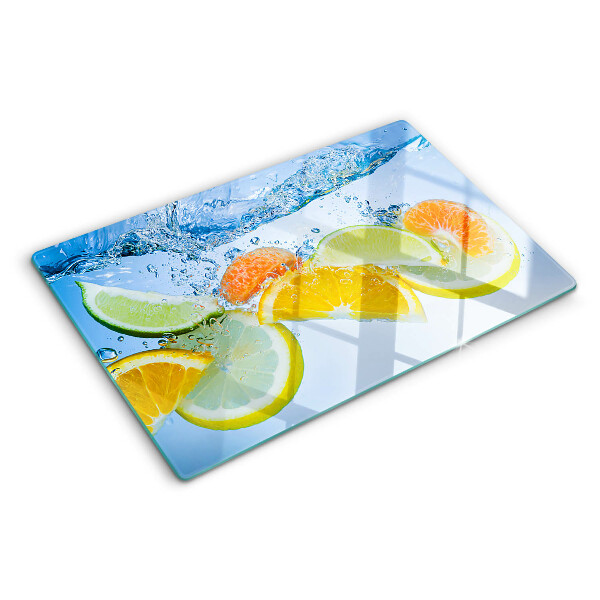 Glas-Schneidebrett mit Motiv von Zitrusfrüchten im Wasser