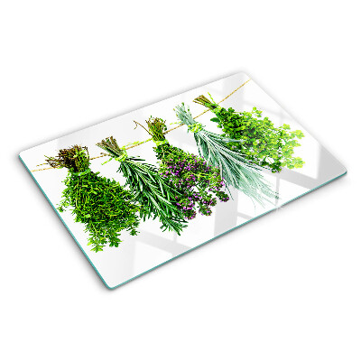 Schneidebrett glas Getrocknete Kräuter an einer Schnur