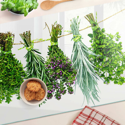 Schneidebrett glas Getrocknete Kräuter an einer Schnur