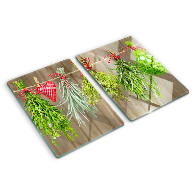 Schneidebrett Glas mit aufgedrucktem Kräutermotiv in Schnur-Optik