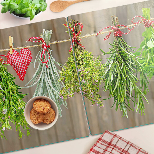 Schneidebrett Glas mit aufgedrucktem Kräutermotiv in Schnur-Optik