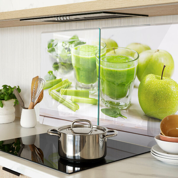 Schneidebrett Glas mit grünem Smoothie-Motiv und frischen Zutaten