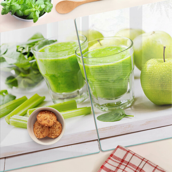 Schneidebrett Glas mit grünem Smoothie-Motiv und frischen Zutaten