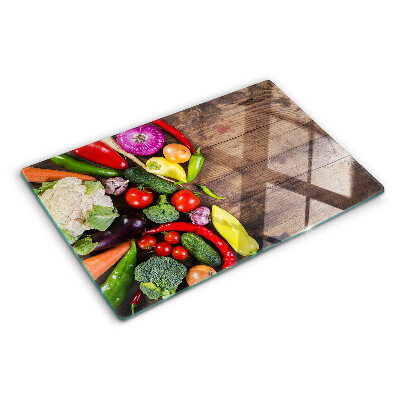 Glas-Schneidebrett mit Gemüsemotiv auf Holzoptik