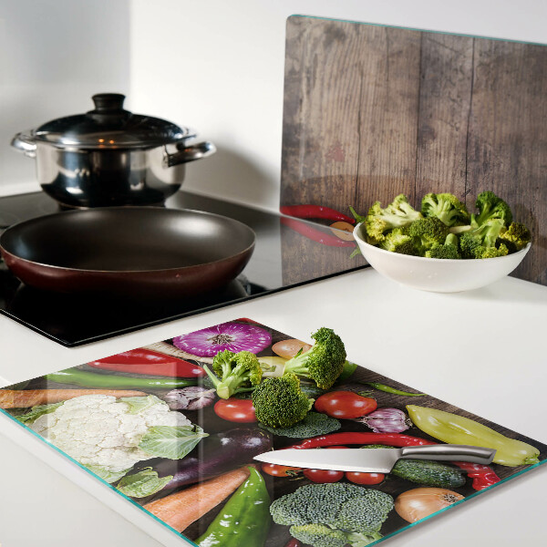 Glas-Schneidebrett mit Gemüsemotiv auf Holzoptik