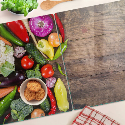 Glas-Schneidebrett mit Gemüsemotiv auf Holzoptik