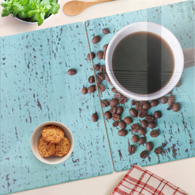 Schneidebrett glas Kaffee und Kaffeebohnen