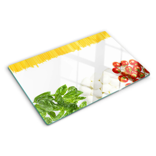 Glas Schneidebrett mit Pasta-Motiv mit Kräutern und Tomaten