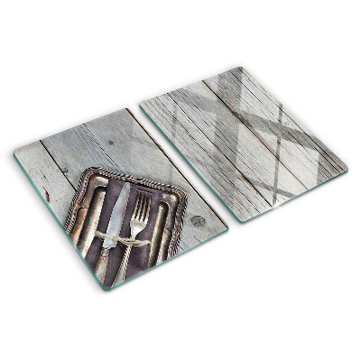Glas schneidebrett Rustikales Besteck auf Holzgrund