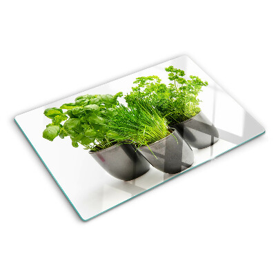 Glas schneidebrett Kräuter in Töpfen