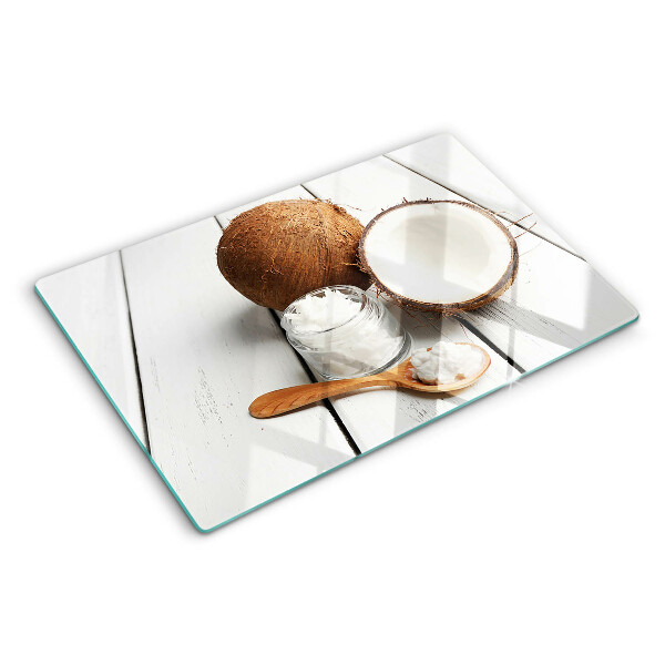 Schneidebrett Kokosnuss und Kokosnussprodukte