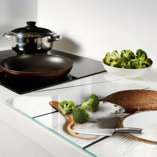 Schneidebrett Kokosnuss und Kokosnussprodukte