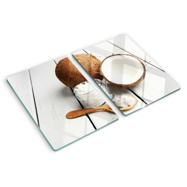 Schneidebrett Kokosnuss und Kokosnussprodukte