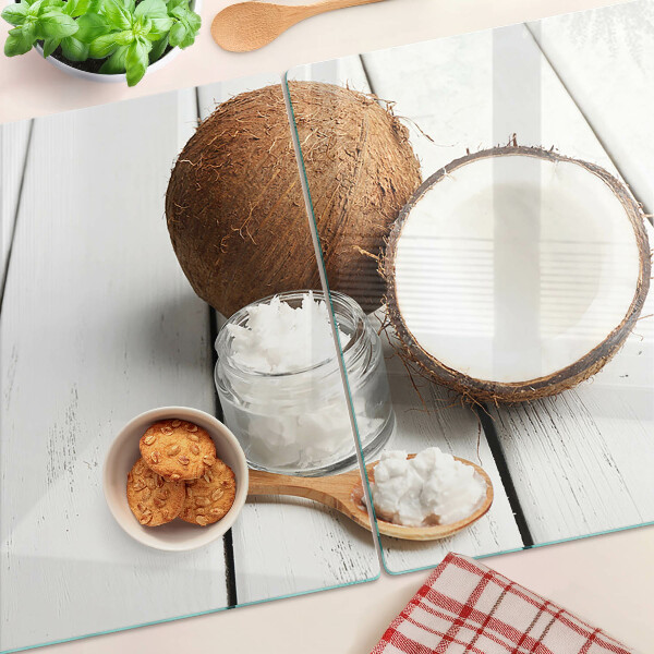 Schneidebrett mit Motiv aus Kokosnuss und Kokosnussprodukten
