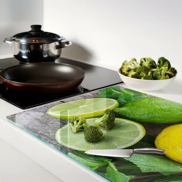 Schneidebrett Glas mit Motiv aus Zitronen und Limetten sowie Minze