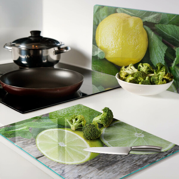 Schneidebrett Glas mit Motiv aus Zitronen und Limetten sowie Minze