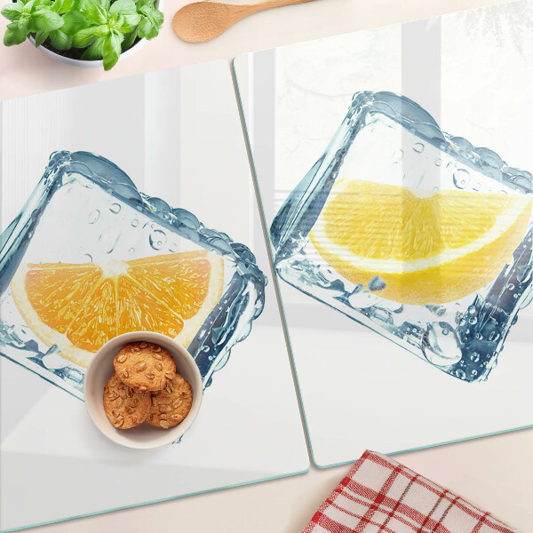 Glas-Schneidebrett mit Motiv „Früchte im Eis“