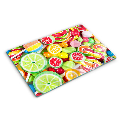 Glas-Schneidebrett mit Motiv aus Süßigkeiten und Früchten