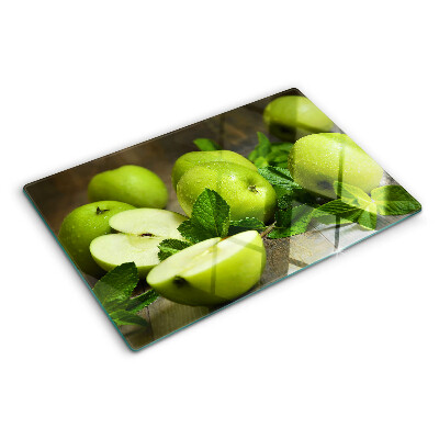 Schneidebrett Glas mit Motiv grüner Äpfel und Minze