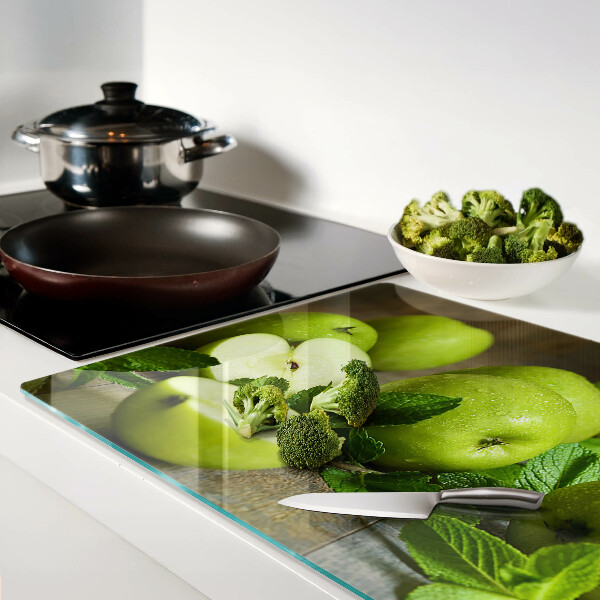 Schneidebrett Glas mit Motiv grüner Äpfel und Minze