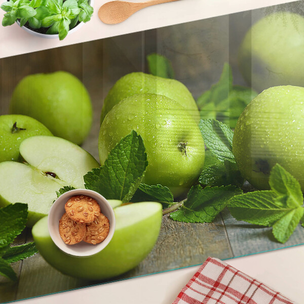 Schneidebrett Glas mit Motiv grüner Äpfel und Minze