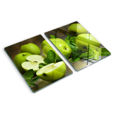 Schneidebrett Glas mit Motiv grüner Äpfel und Minze