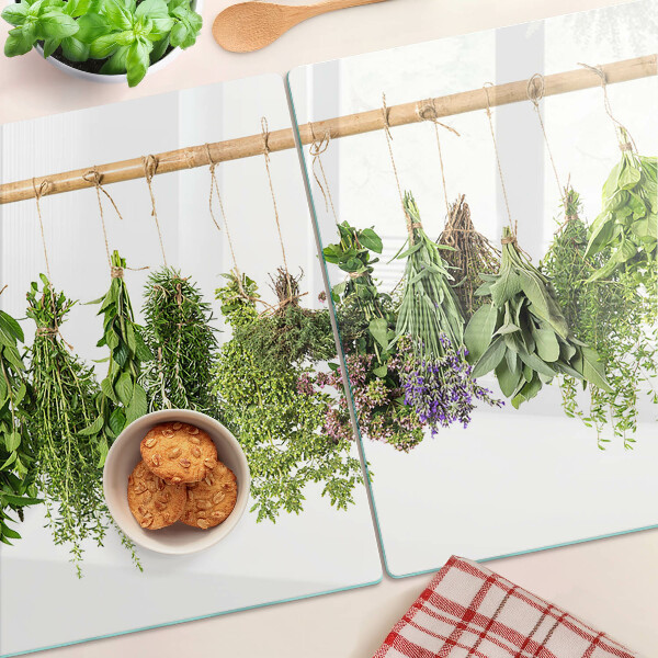 Schneidebrett glas Getrocknete Kräuter an einer Schnur