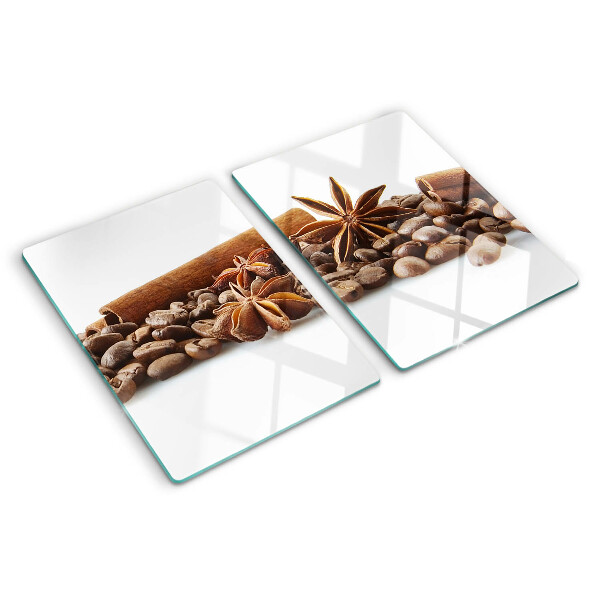 Glas schneidebrett Gewürze und Kaffeebohnen