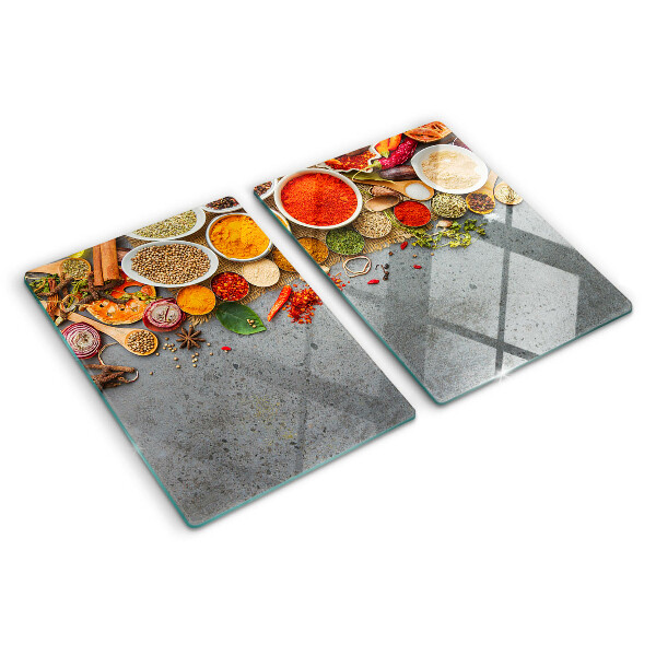 Glas-Schneidebrett mit Motiv aus Gewürzen und Kräutern
