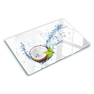 Glas Schneidebrett mit Kokosnussmotiv sowie Wasser- und Minzdekoration