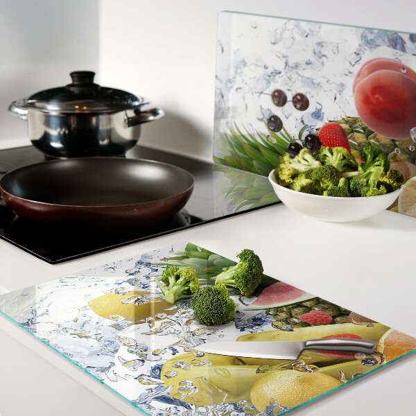 Schneidebrett Glas mit Motiv von Früchten im Wasser