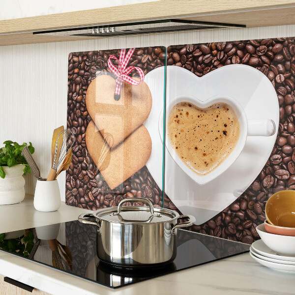 Schneidebrett Glas mit Kaffee‑Motiv in Herzform und Keks-Illustration