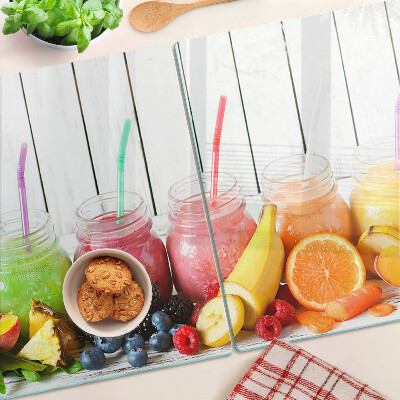Glas-Schneidebrett mit Fruchtcocktail-Motiv und farbigen Akzenten