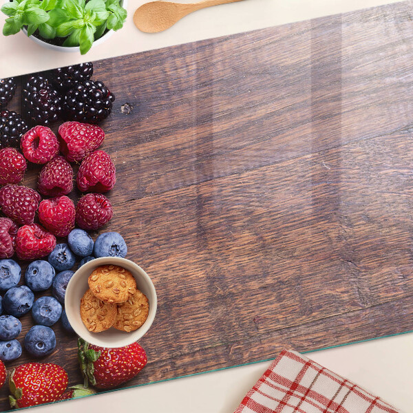 Schneidebrett Glas mit Motiv Waldfrüchte auf Holzgrund