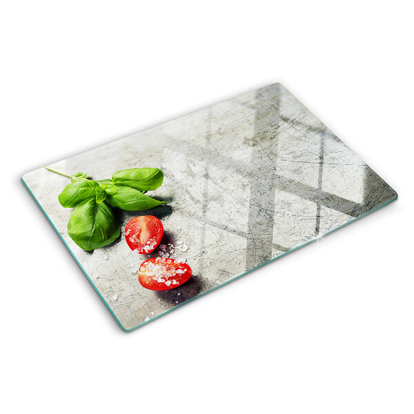 Schneidebrett Glas mit Motiv Tomaten, Basilikum und Salz