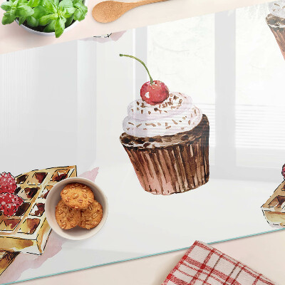 Schneidebrett mit Motiv von Waffeln und Cupcakes mit Kirschen