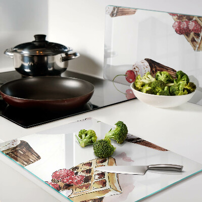 Schneidebrett mit Motiv von Waffeln und Cupcakes mit Kirschen