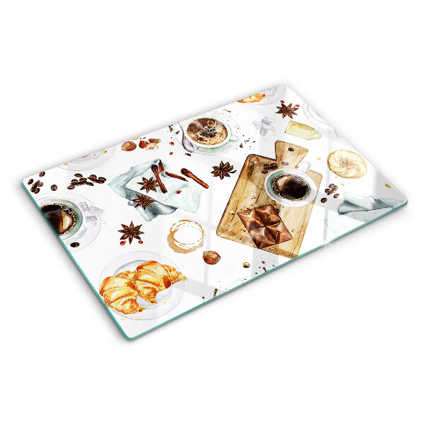 Glas-Schneidebrett mit Motiv zu Kaffeespezialitäten und Backwaren