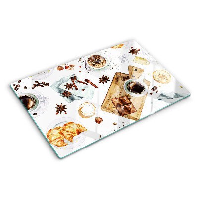Glas schneidebrett Kaffeespezialitäten und Backwaren