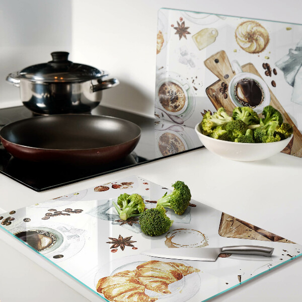 Glas-Schneidebrett mit Motiv zu Kaffeespezialitäten und Backwaren