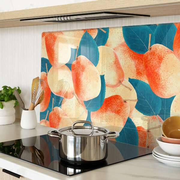 Schneidebrett Glas mit einem Motiv von Pfirsichen vor einem Blätterhintergrund